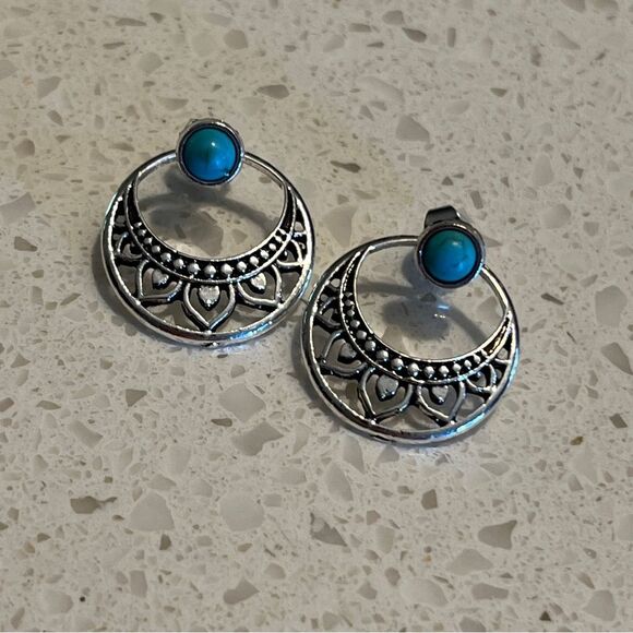 Elegant Faux Turquoise Lotus Stud Earrings - Picture 6 of 11